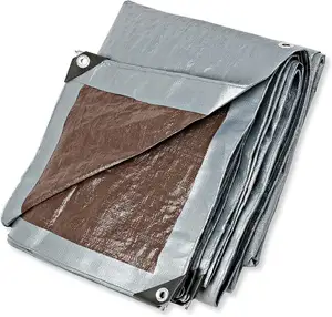 银棕色重型防水布，10密耳厚，防水，抗撕裂，高耐用性，紫外线处理，每18英寸索环
