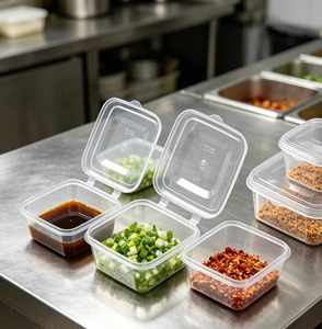 Vaso Cuadrado Pequeño Apilable de Plástico PP Biodegradable, Reciclable y Ecológico para Salsas, Kétchup, Mostaza y Condimentos para Hoteles - Product Image 1