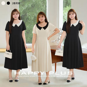 รันฉีชุดเดรสทรงเอเอวสูงสำหรับผู้หญิงไซส์พลัส คอปกปีเตอร์แพน สีดำล้วน สีแอปริคอท สไตล์มิว N9254 - Product Image 5