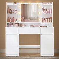 Coiffeuse avec miroir et 9 ampoules LED, table de maquillage avec prises électriques, table de toilette avec 2 armoires pour chambre à coucher, blanc nuage