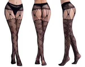 Fabrika fiyat kadın siyah Fishnet uyluk yüksek dantel çorap jartiyer kemer ile seksi külotlu çorap tayt Fishnet Stocking