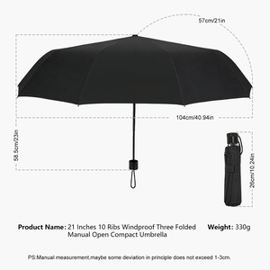 Parapluie pliant manuel compact 330g en tissu pongé 190T, diamètre 97cm, 10 baleines, résistant au vent 10m/s, personnalisable avec impression de logo - Product Image 2