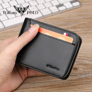 Black Wallet 13 Card Slot Card Holder Supplier High Quality Short Zipper Brand Men's Leather Cowhide Leather RFID Polyester