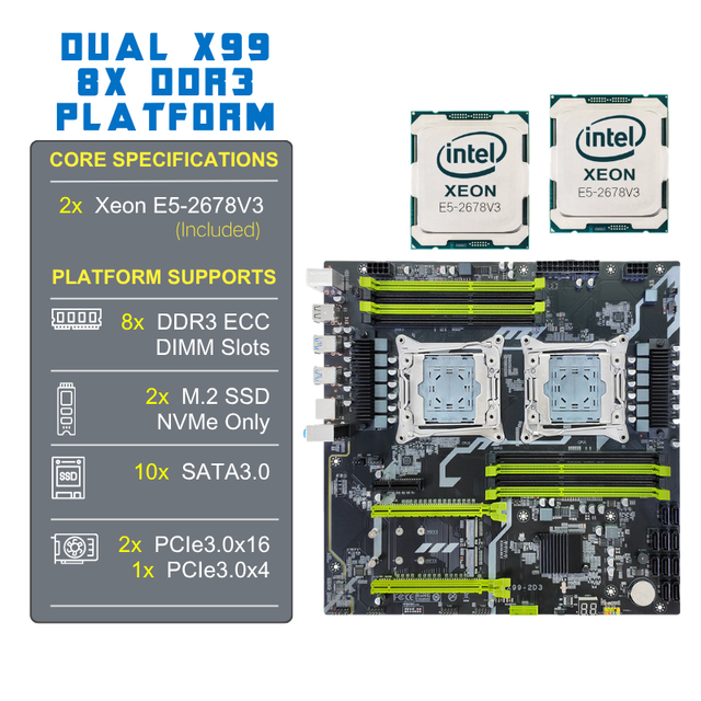 PANDL NEW X99-2D3 E-ATX 8X DDR3 Dual Intel Xeon E5 2678 V3 Desktop PC Kit Motherboard with 256GB Max RAM