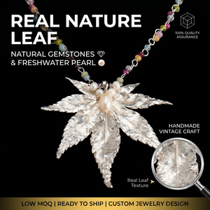 Collier pendentif vintage en feuille d'érable japonais naturelle, véritable feuillage d'arbre, perle et pierres colorées, bijoux pour femme - Product Image 1