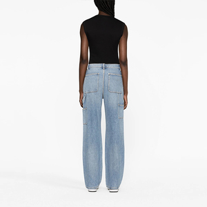 Logo personnalisé femmes coupe droite taille moyenne bleu clair lavage charpentier <span class=keywords><strong>jean</strong></span> respirant Denim Streetwear Sexy décontracté Style poches - Product Image 3