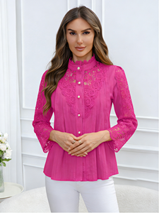 Plus Size Elegant Casual Colorful Lace O-Neck Full Sleeve Solid Autumn/Spring Women's <b>Blouse</b> - Product Image 6
