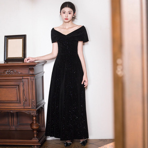 Off-The-Shoulder Black Evening Gown <b>A</b>-<b>Line</b> Glitter Sparkly <b>Dress</b> For Women Plus Size Formal Wear - Product Image 4