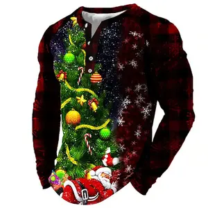 Wholesale Tshirts Graphic Print Tree Santa Claus Henley 3D Print Daily Sports Long Sleeve Patchwork Button-Down T-shirt