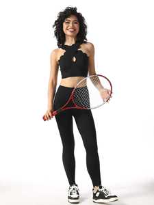 <strong>Lace</strong> <strong>Trim</strong> Yoga Set for Women 2-Piece Sweat-Wicking Solid Crop Top High Waist <strong>Leggings</strong> Push-Up Sexy Fitness - Product Image 2