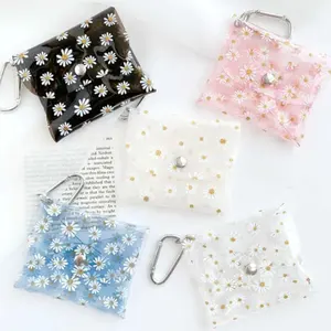 Daisy Print PVC Card Holder Carabiner Transparent Coin Purse Money Wallet Bag Pouch Key Ring Holder
