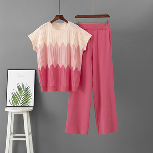 Fashion Summer Suit Contrast Color Quarter Sleeve Pullover <b>Knitted</b> Top Slim Wide Leg Pants Trousers Blouses Two-Piece <b>Knit</b> <b>Set</b> - Product Image 3