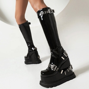 Super High Wedge <b>Heel</b> Women's Long Boots Bright Patent Buckles Knee-high Booties Thick Sole Winter Platform Shoes - Product Image 4
