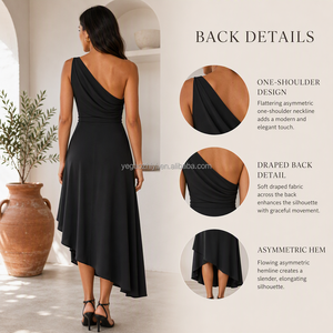 Yegao Abito da <span class=keywords><strong>Sera</strong></span> Personalizzato per Donna, Senza Maniche, Monospalla, con Drappeggio Laterale e Orlo Asimmetrico in Crepe Satinato Nero - Product Image 2