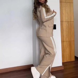 Ensemble tailleur décontracté pour femme avec revers, pantalon large kaki, deux pièces, style urbain, automne-hiver, rayures et carreaux, tailles S M L XL 2XL 3XL - Product Image 1