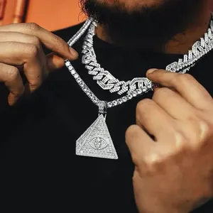 Pingente de bronze para homens, joia hiphop com zircônio cúbico e diamantes, pingente de pirâmide triangular CZ, pingente de pirâmide egípcia