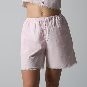 Pantalones Cortos Casuales de Algodón Estilo Americano con Ribete de Lazo, Dobladillo con Botones, Estilo de Tres Botones, Rosa, Azul Claro, Rayado, Elástico - Product Image 2