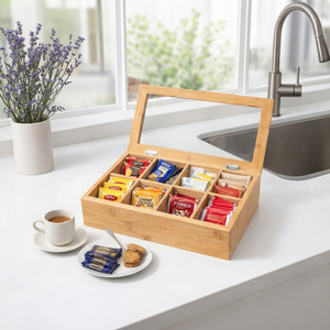 Boîte de rangement pour sachets de thé en bambou personnalisée avec couvercle, organiseur de dosettes de café à 8 compartiments, tiroir pour cuisine, bureau, vente en gros, écologique - Product Image 2