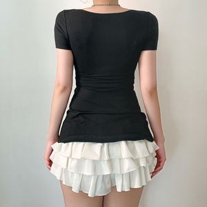 Camiseta de Manga Corta Dos en Uno con Encaje y Contraste de Color Estilo Francés para Mujer, Cintura Alta, Corte Ajustado, Línea A - Product Image 6