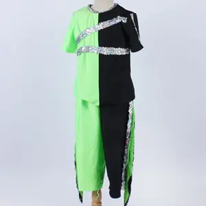 Costume de danse fluorescente pour garçon, en spandex vert, vêtement brillant, à paillettes, de jazz, de scène, cool avec pampilles, de bal