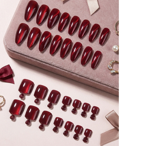 Lot de 48 faux <span class=keywords><strong>ongles</strong></span> à presser pour les mains et les orteils, effet œil de chat rouge <span class=keywords><strong>bordeaux</strong></span>, forme amande carrée, brillants, magnétiques, réutilisables - Product Image 3