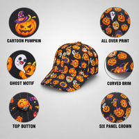 Casquette de baseball à motif citrouille de dessin animé, Halloween Jack O' Lantern, fantôme, imprimé intégral, noire, streetwear, sangle réglable, six panneaux