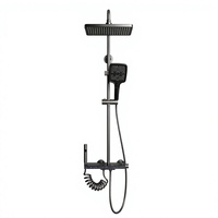 Ensemble de douche mural carré thermostatique contemporain en laiton chromé, avec mitigeur monocommande pour jets pluie et cascade, et fonction d'eau douce