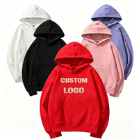 Hoodie unisexe rouge surdimensionné épais avec logo personnalisé, impression pailletée, poche kangourou, cordon de serrage, personnalisable vierge