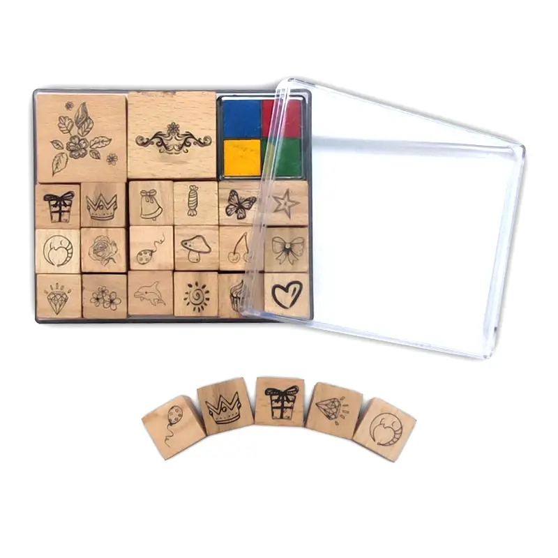 2023 사용자 정의 나무 우표 어린이 세트 손 장식 나무 고무 인쇄 공예 우표
