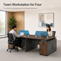 Poste de travail de bureau pour 4 personnes, double face avec écrans d'intimité, grain MDF foncé, écologique, modulaire pour usage collectif