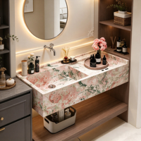 Vasque de salle de bain de luxe en dalle de pierre French Monet Garden, à bord étroit, cuve profonde, rose toutes saisons, sur mesure avec LED