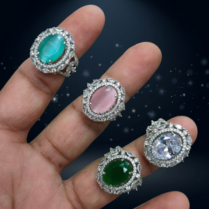 Luxury White Rhodium Plated Oval <b>Cat</b> Eye Stone Halo Cocktail <b>Ring</b> | Adjustable AAA Cubic Zirconia Statement <b>Ring</b> for Women - Product Image 2