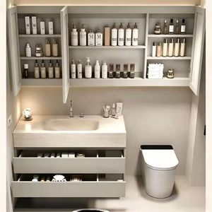 Meuble de salle de bain intelligent avec miroir, armoire d'extension en aluminium alvéolé, vasque intégrée en dalle de roche pliée à chaud sur mesure - Product Image 6