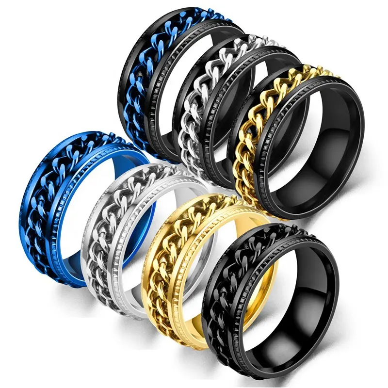 2022 Hot Selling 8mm Anxiety Spinner Rings Steal Embossed Rotating Chain Simple Titanium Stainless Steel Ring Men