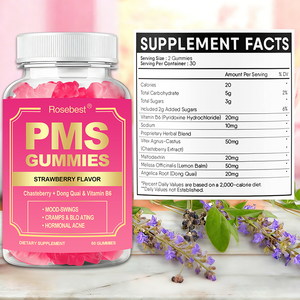 Compléments alimentaires naturels à la saveur de fraise Rosebest pour l'équilibre hormonal féminin, à base de plantes, avec du chasteberry, du dong quai et de la vitamine B6, en forme de gommes pour les troubles du cycle menstruel (PMS) - Product Image 6