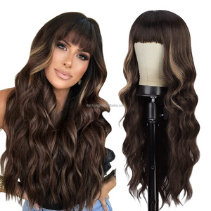 Gran oferta, pelucas rubias mixtas marrones de 26 pulgadas con flequillo para mujer, Pelo Rizado ondulado, pelucas de fibra sintética resistente al calor, pelo de mujer - Product Image 1