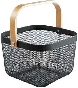 Organisateur de <span class=keywords><strong>cuisine</strong></span> multicolore <span class=keywords><strong>Rangement</strong></span> suspendu pour les fruits et légumes en acier maillé Poignée en bois et bambou Récipient de stockage des aliments - Product Image 1