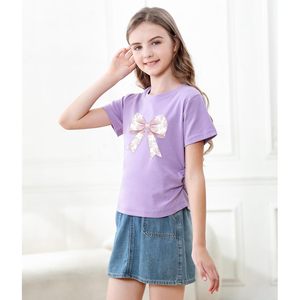 Foxa เสื้อยืดลายโบว์สีม่วงสำหรับผู้หญิง, เสื้อยืดผ้าฝ้ายระบายอากาศได้ดีแขนปกติเสื้อยืดกราฟิกสำหรับฤดูร้อน - Product Image 4