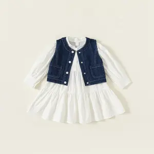 Kinderkleding Koreaanse Mode Effen Kleur 100% Katoenen Peuter Denim Vest Jurk Met Lange Mouwen Grote Meid Kinderen Tweedelige Sets