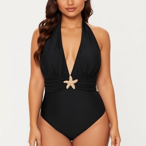 Traje de Baño de Una Pieza con Cuello Halter y Escote Profundo <span class=keywords><strong>en</strong></span> V para Mujer, con Decoración de Estrella de Mar y Pareo de Malla, Conjunto de 2 Piezas, Moda Sehe - Product Image 2