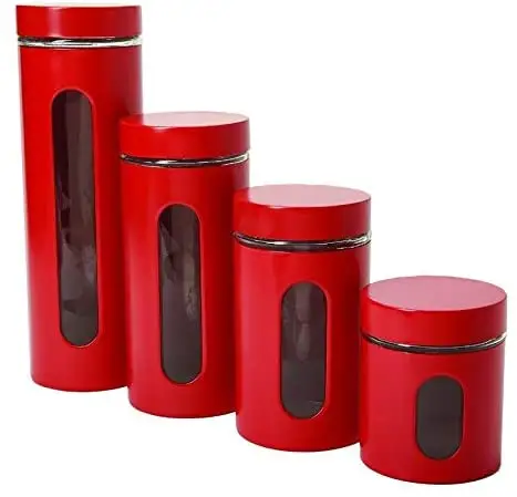 Quality Modern Red Stainless Steel Canister Set for Kitchen Counter with Glass Window & Airtight Lid