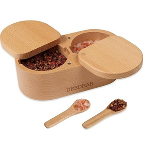 Deedear Bamboo <b>Spice</b> <b>Jar</b> Double Compartment Airtight Storage With Spoons For Solid Seasonings - Product Image 1