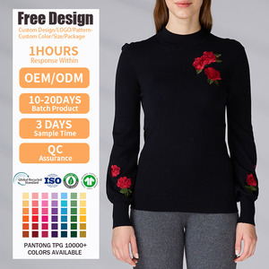 Custom Black Long Sleeved <b>Jumper</b> Winter <b>Pullover</b> Knitwear Crew Neck Knitted Top Women Embroidered Floral Sweater for Women - Product Image 1