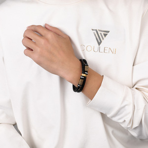 Pulsera de acero inoxidable vikingo nórdico para <span class=keywords><strong>hombre</strong></span>, diseño trenzado de doble capa chapado en oro, cierre magnético, banda de cuero, regalo de joyería - Product Image 3