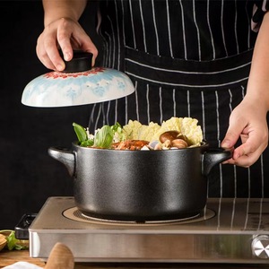 Gốm vòng màu đen món ăn soong đất sét Nồi đất nồi gốm đồ nấu nướng với nắp chịu nhiệt nồi gốm - Product Image 5