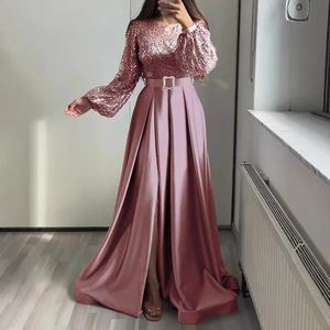 Robe de soirée longue à sequins dorés, manches longues, taille empire, fente avant, fermeture éclair, robe de soirée formelle pleine longueur - Product Image 2