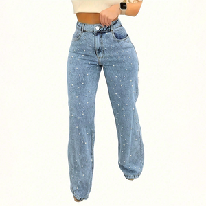 2025 mode baru Rhinestones Vintage Blue <span class=keywords><strong>Jeans</strong></span> Hot modis wanita celana <span class=keywords><strong>Baggy</strong></span> grosir wanita biru Jean semua musim - Product Image 1