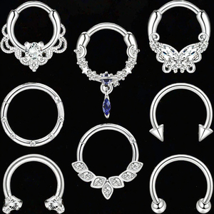 Ensemble de bijoux d'oreille en acier inoxydable 316L : Anneau de nez segmenté articulé, Zircon Marquise, Halo, Lune, Étoile, Papillon - Product Image 2