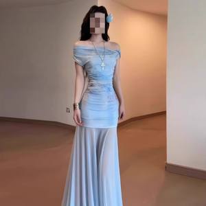 Robe d'été asymétrique en maille bleue pour femme, coupe régulière, style plage, couleur unie, polyester/coton, séchage rapide, longueur midi - Product Image 3