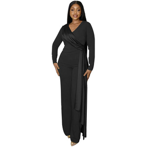<span class=keywords><strong>Mono</strong></span> elegante de primavera para mujer, ajustado, con empalmes, cuello en V, manga larga, cintura alta, pierna ancha, ideal para fiestas y bodas. - Product Image 2